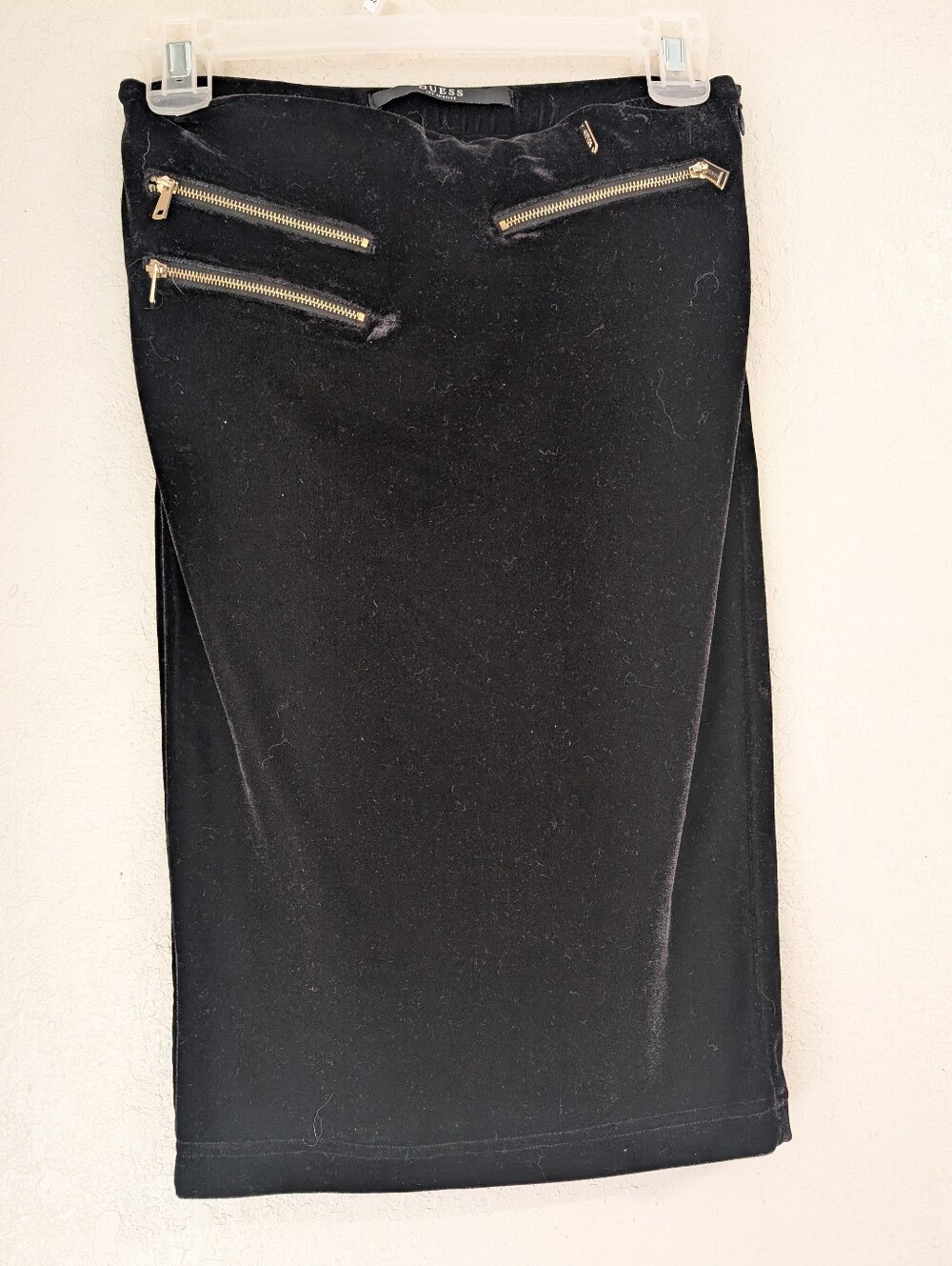 Guess Velvet Black Pencil Skirt Gold Zip Accents 25 XS Grunge Whimsigoth Indie